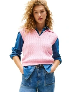 Cable Knit Sleeveless Polo Jumper in Pink