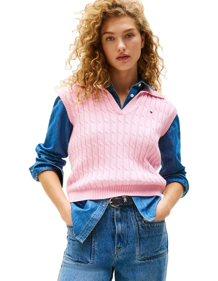 Cable Knit Sleeveless Polo Jumper in Pink image 1