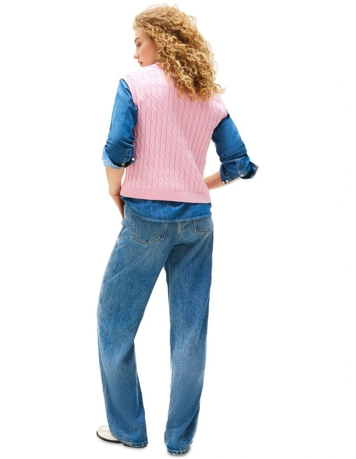 Cable Knit Sleeveless Polo Jumper in Pink image 2