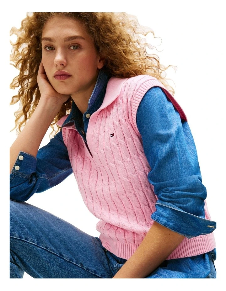 Cable Knit Sleeveless Polo Jumper in Pink image 3