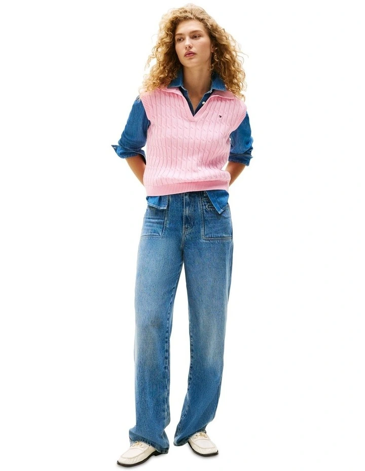 Cable Knit Sleeveless Polo Jumper in Pink image 4