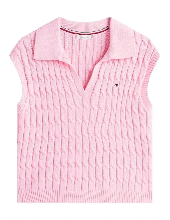 Cable Knit Sleeveless Polo Jumper in Pink image 5