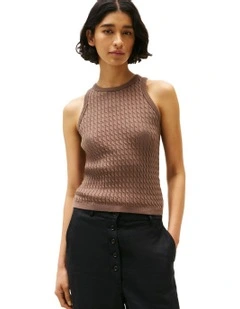 Cable Knit Sleeveless Slim Jumper in Brown