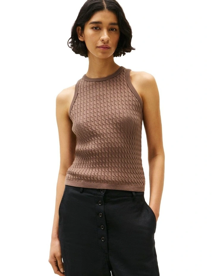Cable Knit Sleeveless Slim Jumper in Brown image 1