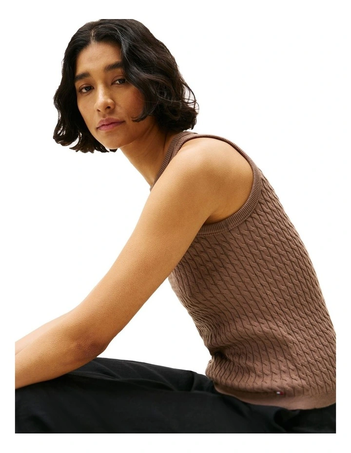 Cable Knit Sleeveless Slim Jumper in Brown image 3