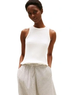 Cable Knit Sleeveless Slim Jumper in White