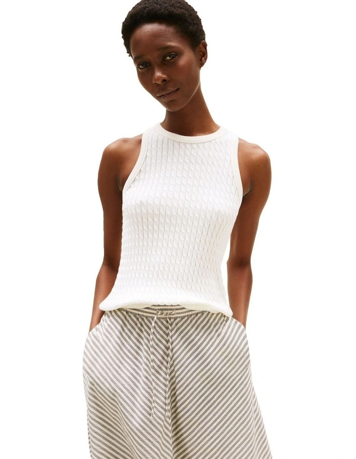 Cable Knit Sleeveless Slim Jumper in White image 1