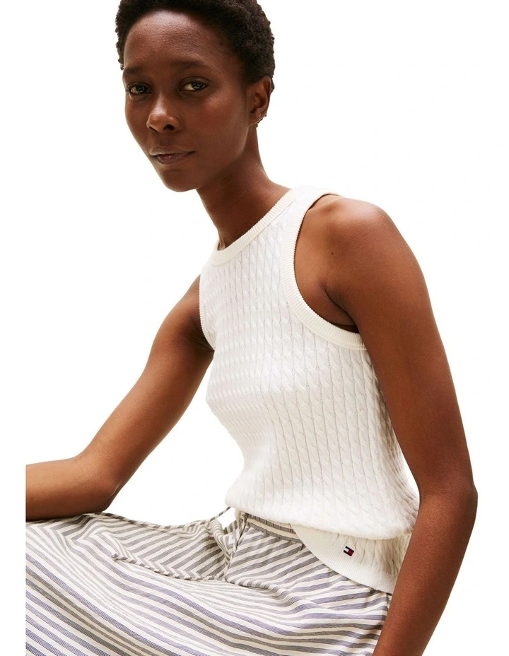 Cable Knit Sleeveless Slim Jumper in White image 3