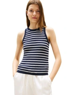 Cable Knit Sleeveless Slim Jumper in Blue