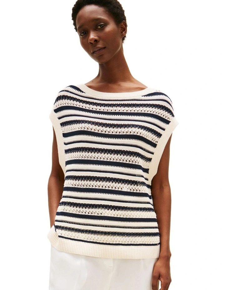 Crochet Relaxed Sleeveless Boat Neck Jumper in Beige image 1