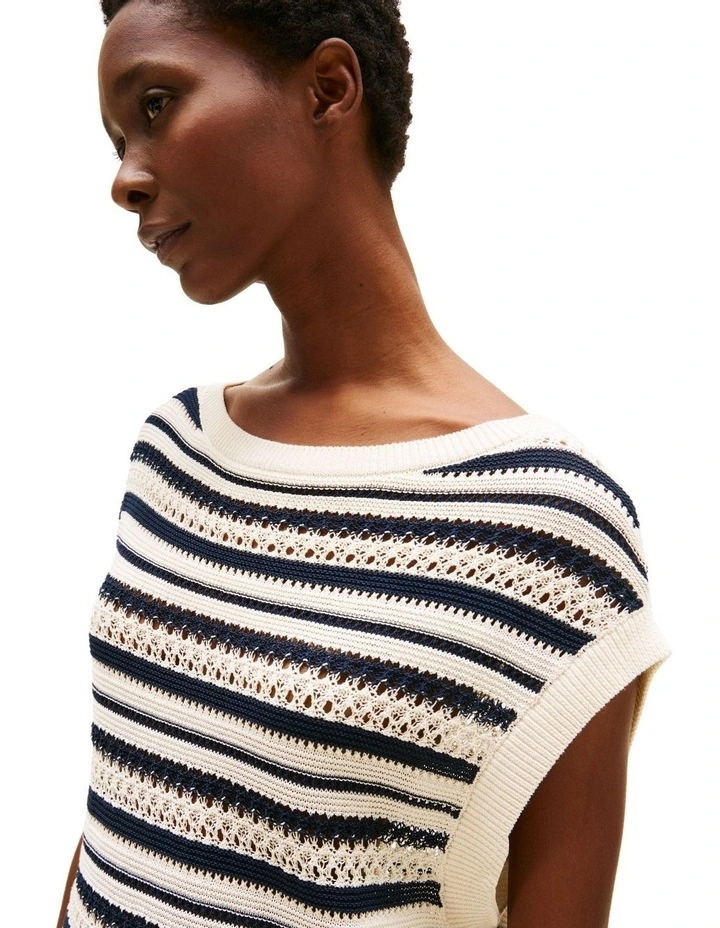 Crochet Relaxed Sleeveless Boat Neck Jumper in Beige image 3