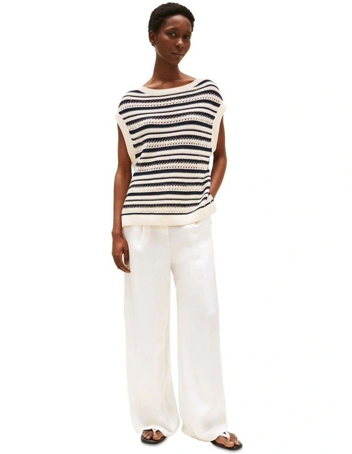 Crochet Relaxed Sleeveless Boat Neck Jumper in Beige image 4