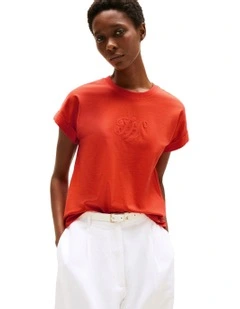 Logo Embroidery Crew Neck T-Shirt in Orange