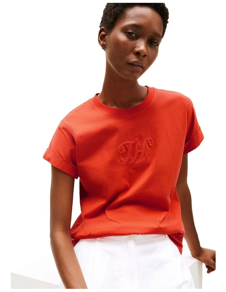 Logo Embroidery Crew Neck T-Shirt in Orange image 3