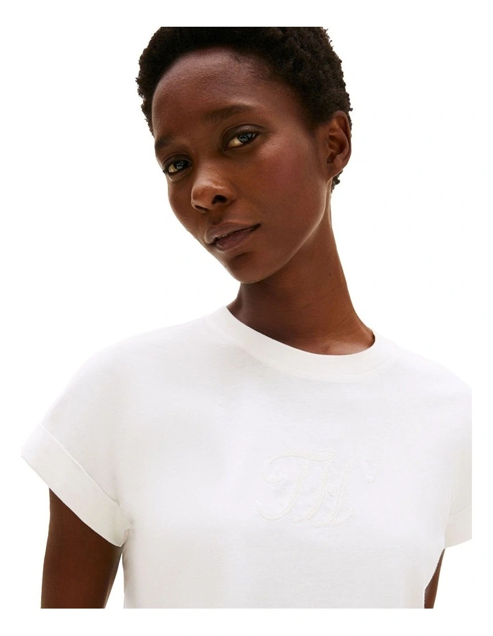 Logo Embroidery Crew Neck T-Shirt in White image 3