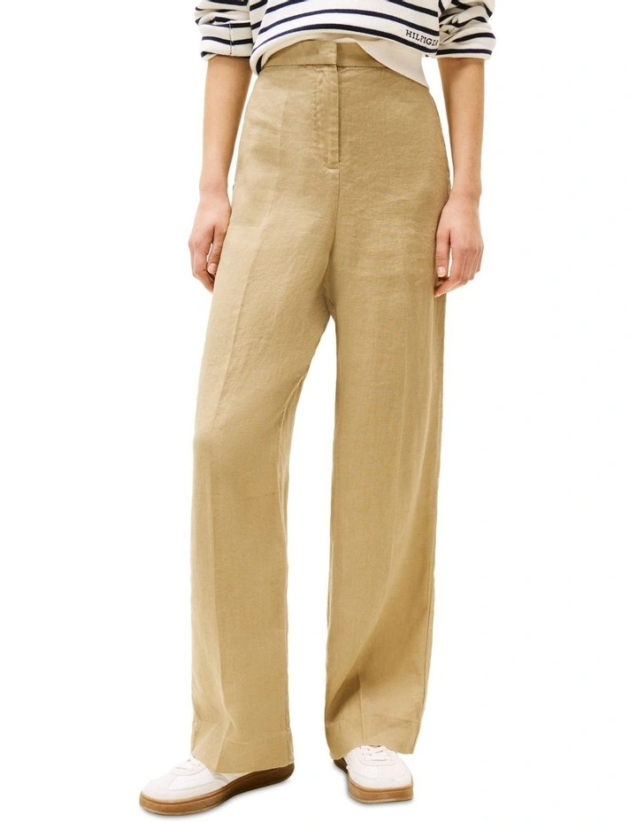Linen Blend Straight Leg Tailored Trousers in Beige image 1