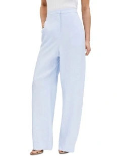 Linen Blend Straight Leg Tailored Trousers in Blue
