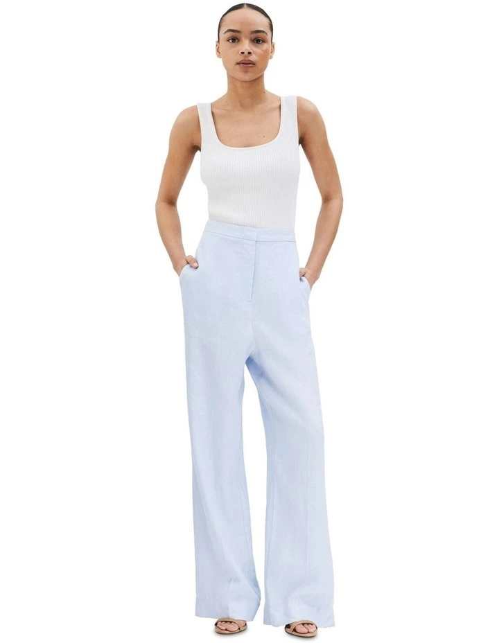 Linen Blend Straight Leg Tailored Trousers in Blue image 4