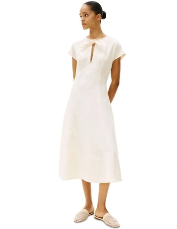 Tie Neck Linen Blend Midi Dress in Beige