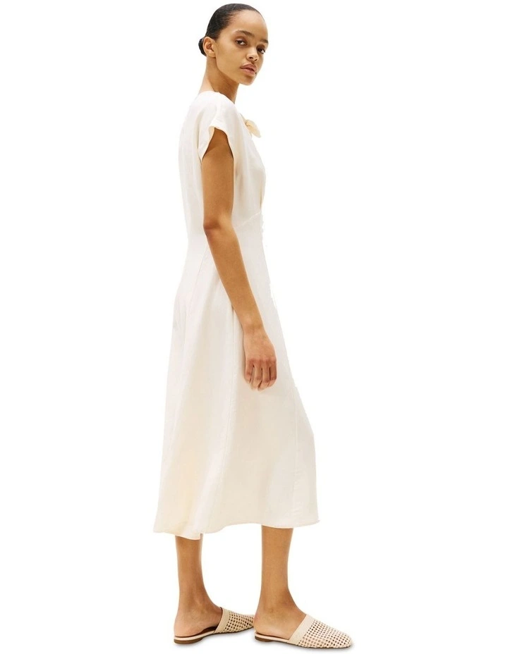 Tie Neck Linen Blend Midi Dress in Beige image 2