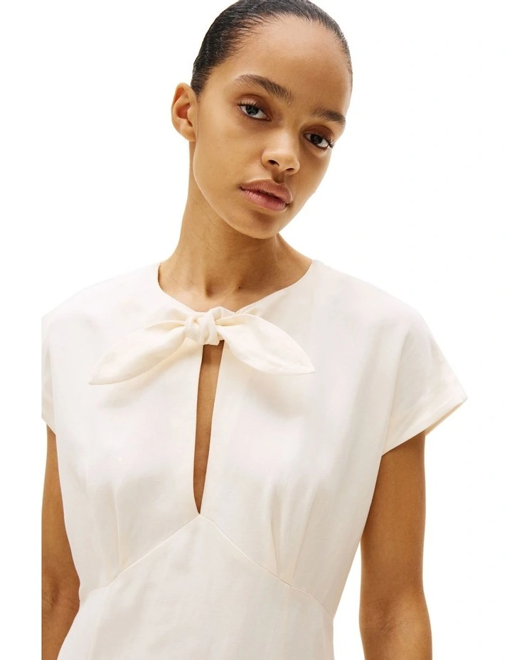 Tie Neck Linen Blend Midi Dress in Beige image 3