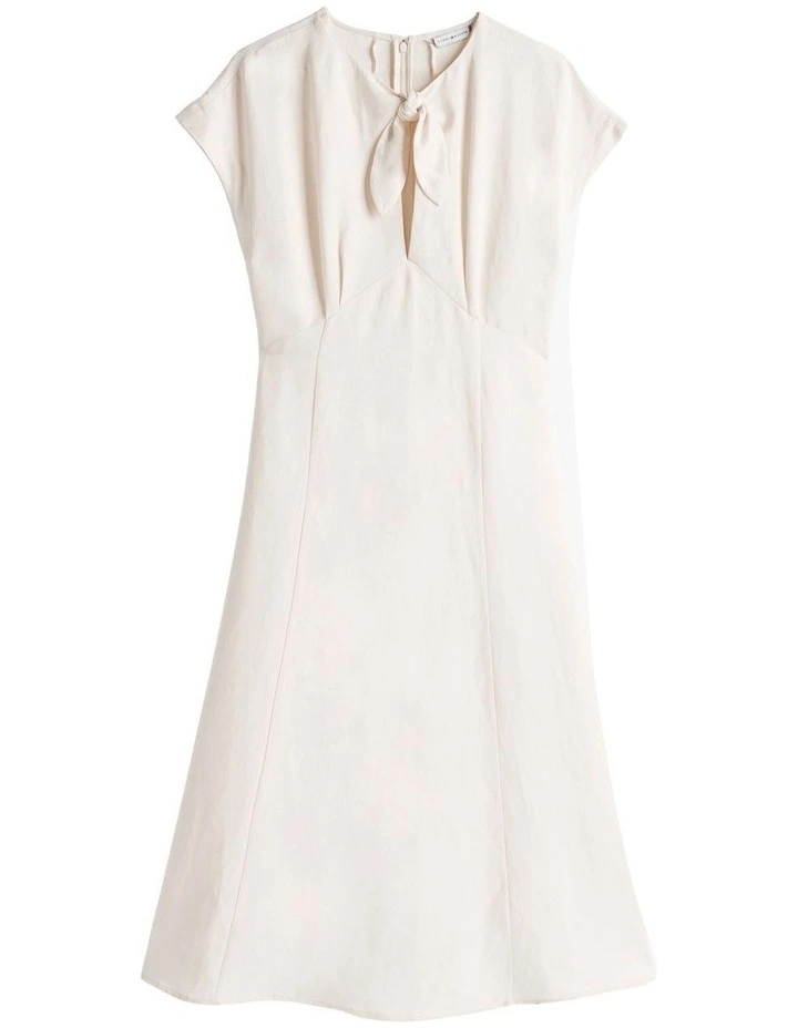 Tie Neck Linen Blend Midi Dress in Beige image 5