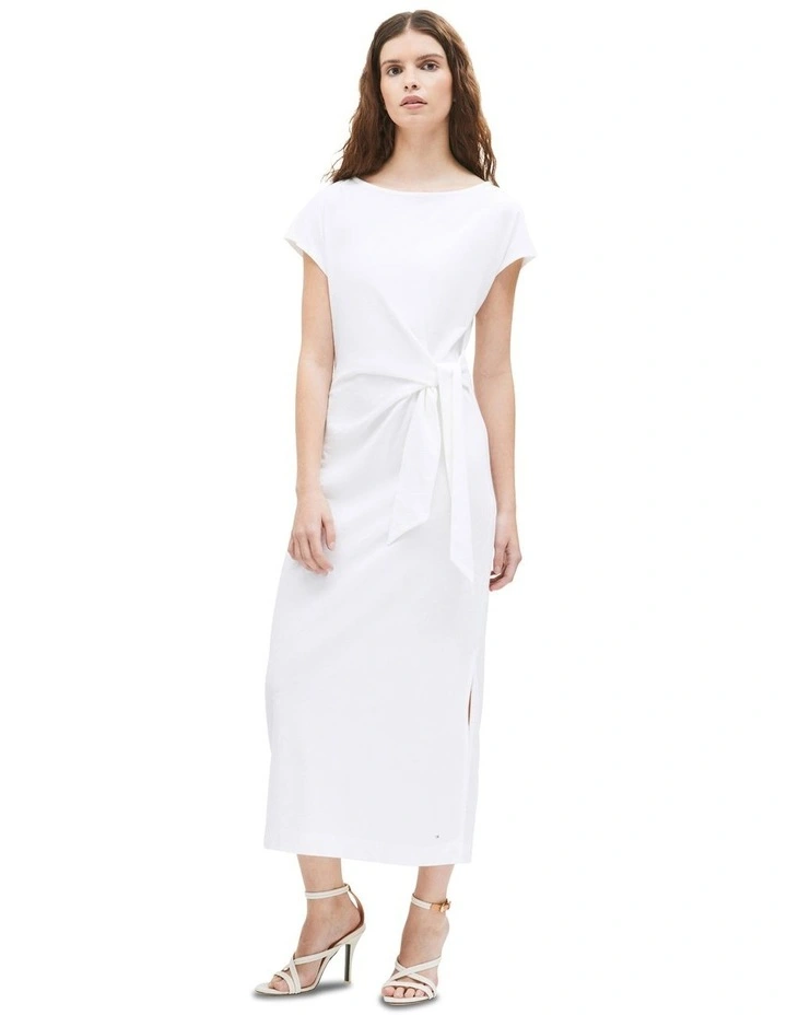 Boat Neck Slim Midi Dress in White image 4