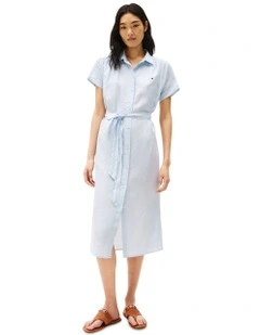Pure Linen Midi Shirt Dress in Blue