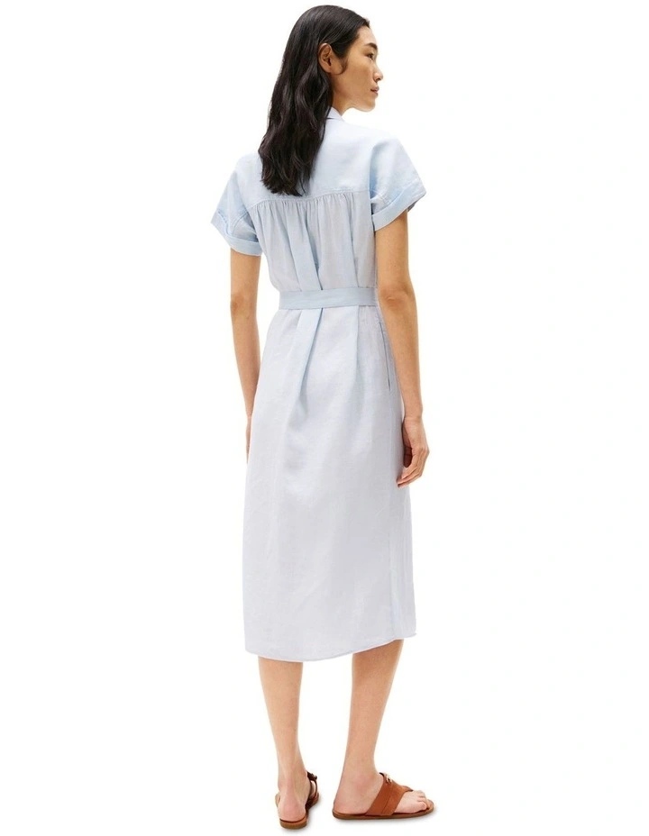 Pure Linen Midi Shirt Dress in Blue image 2