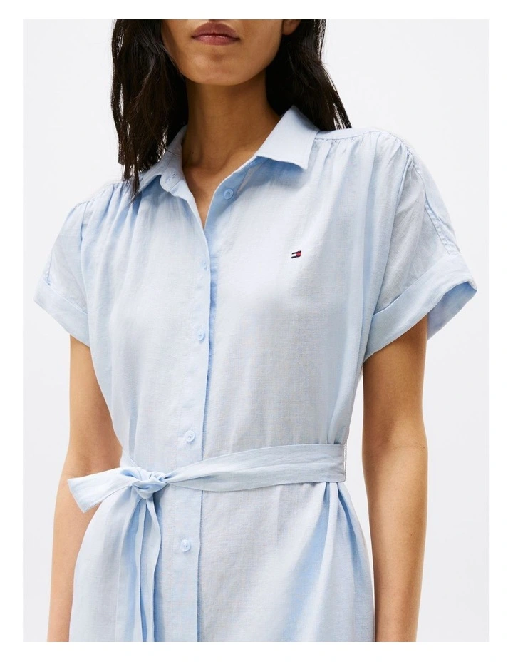 Pure Linen Midi Shirt Dress in Blue image 3
