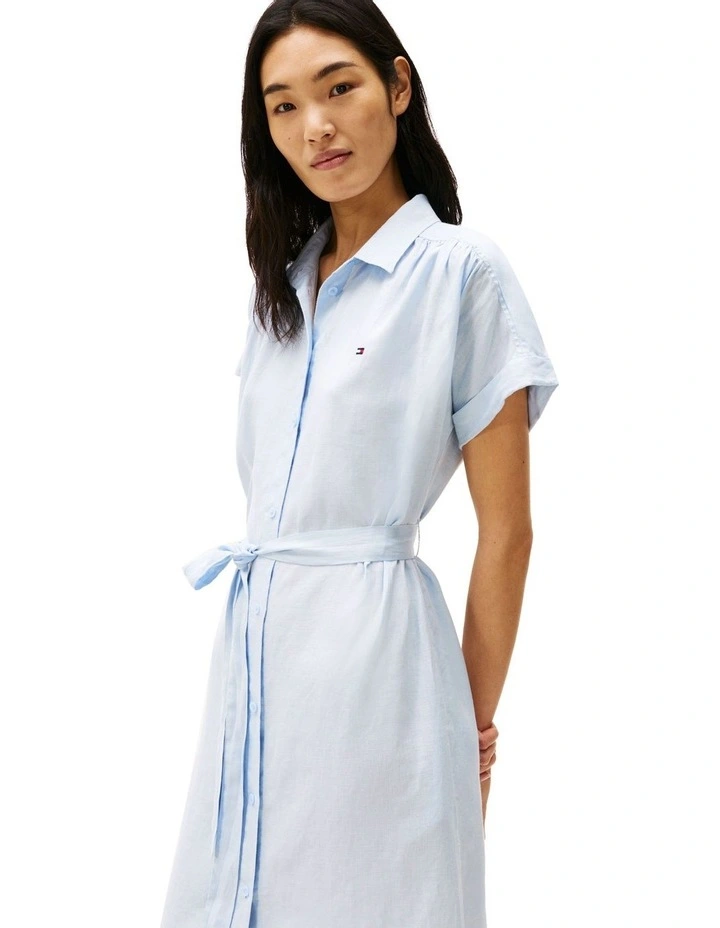 Pure Linen Midi Shirt Dress in Blue image 4