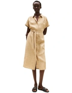 Pure Linen Midi Shirt Dress in Beige