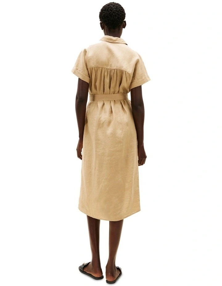 Pure Linen Midi Shirt Dress in Beige image 2