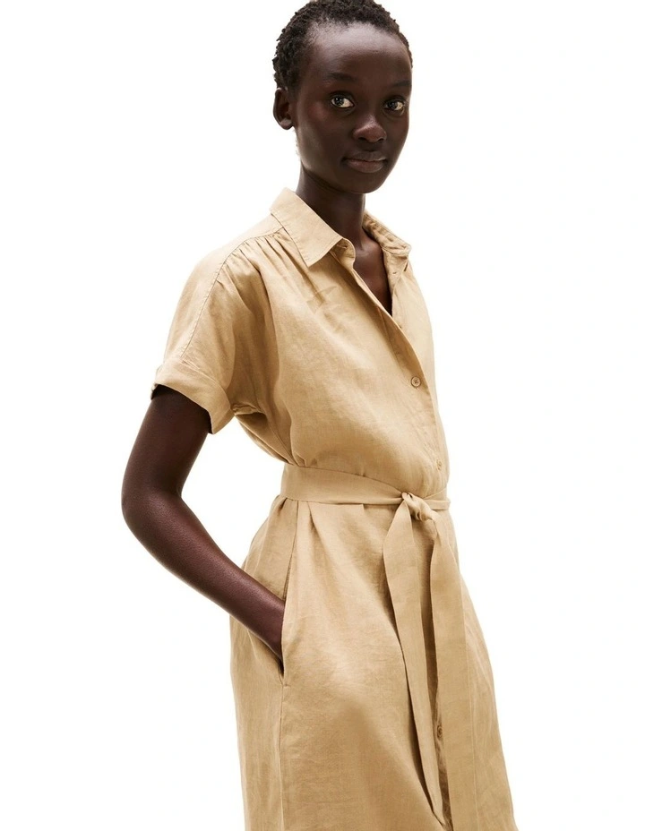 Pure Linen Midi Shirt Dress in Beige image 3