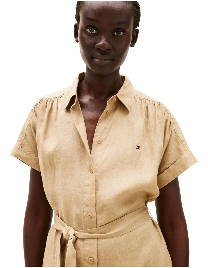 Pure Linen Midi Shirt Dress in Beige image 4