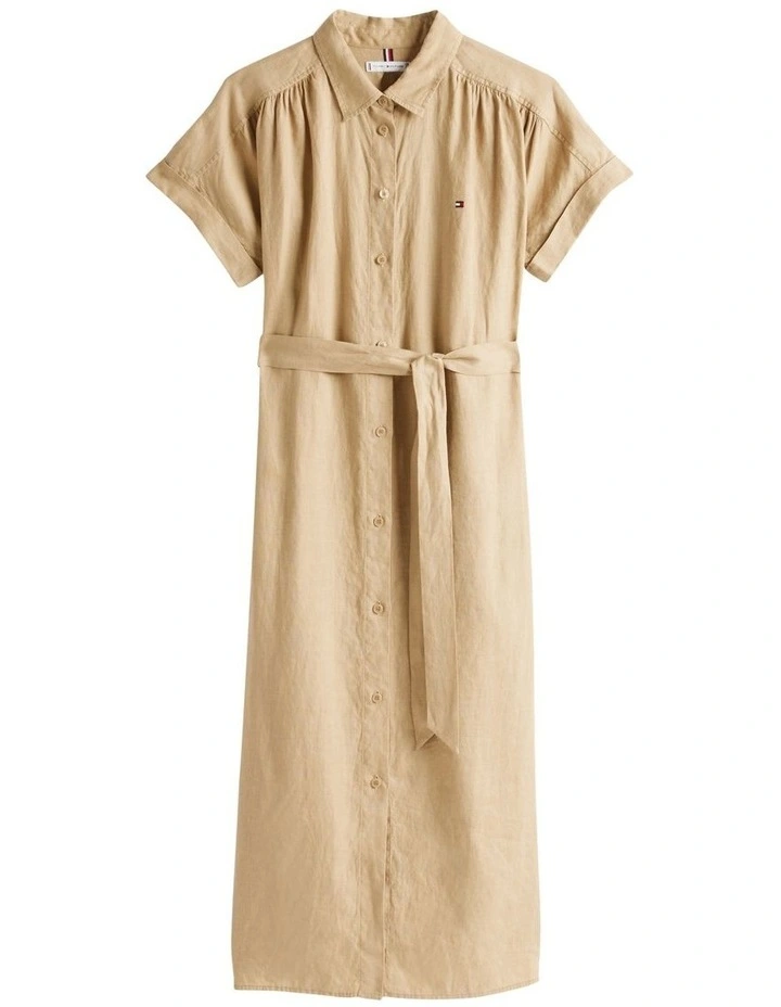 Pure Linen Midi Shirt Dress in Beige image 5