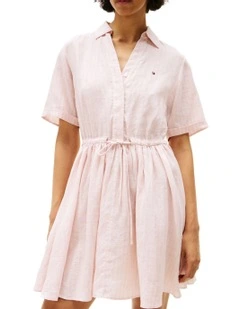 Pure Linen Mini Shirt Dress in Pink