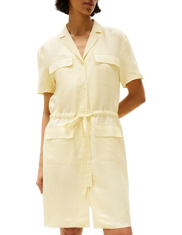 Linen Blend Mini Shirt Dress in Yellow image 1