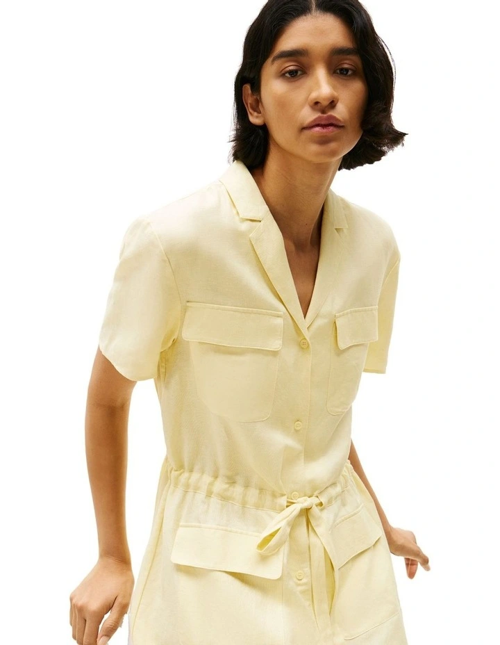Linen Blend Mini Shirt Dress in Yellow image 3