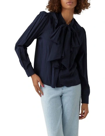 Charlene Long Sleeve Bow Tie Shirt in Navy