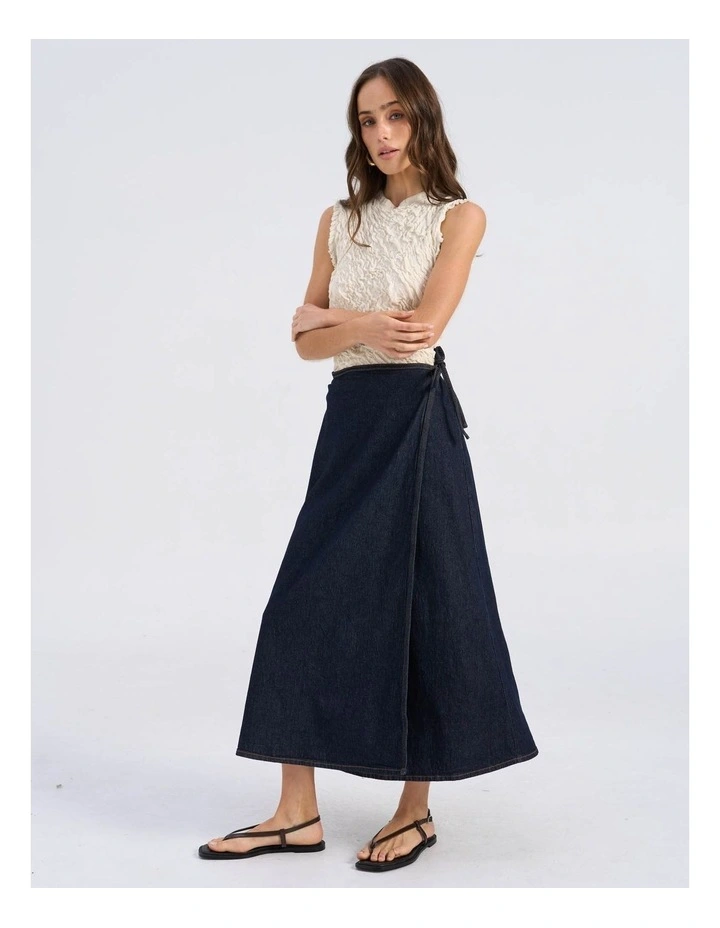 Bella High Waisted Wrap Midi Skirt in Blue image 4