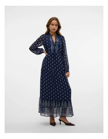 Hedi Long Sleeve Printed Maxi Dress in Navy