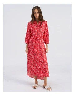 Betsy Printed Midi Shirt Dress in Red