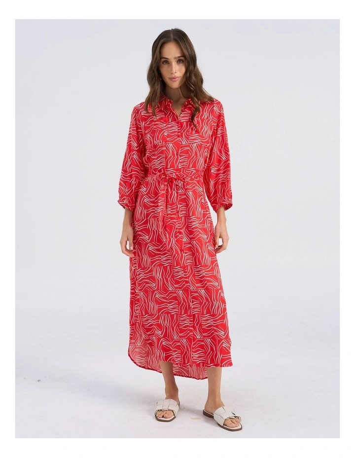 Betsy Printed Midi Shirt Dress in Red image 1
