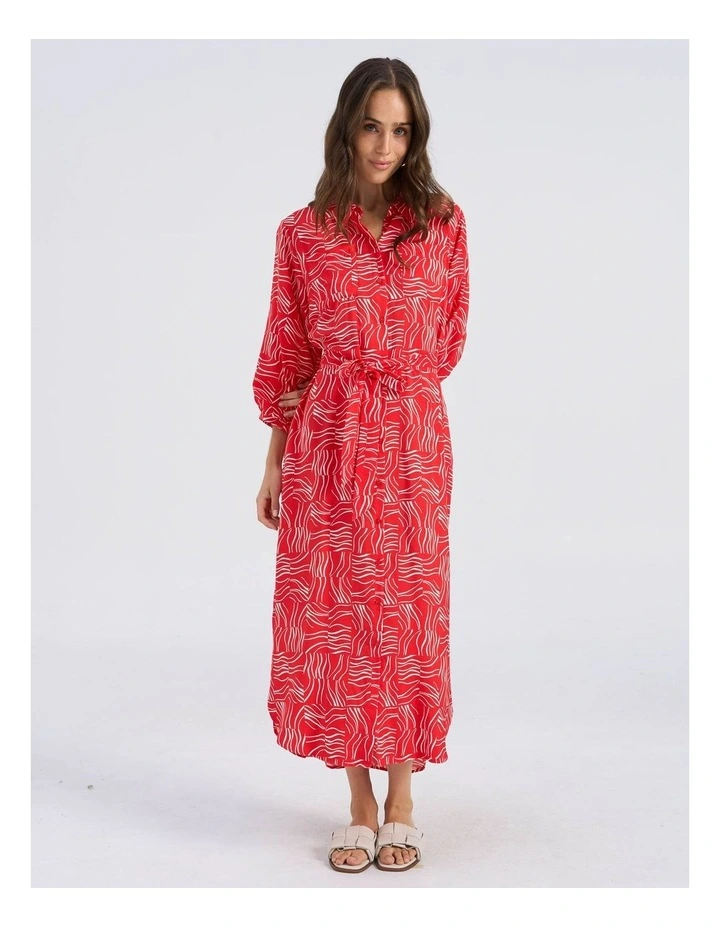 Betsy Printed Midi Shirt Dress in Red image 3