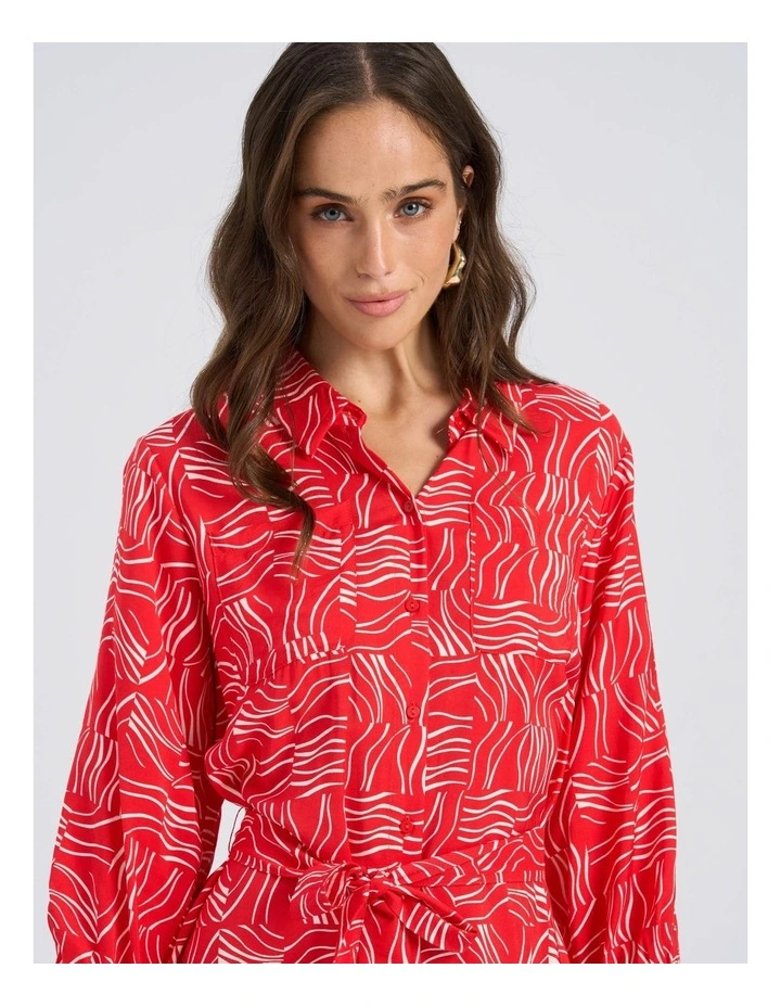 Betsy Printed Midi Shirt Dress in Red image 6
