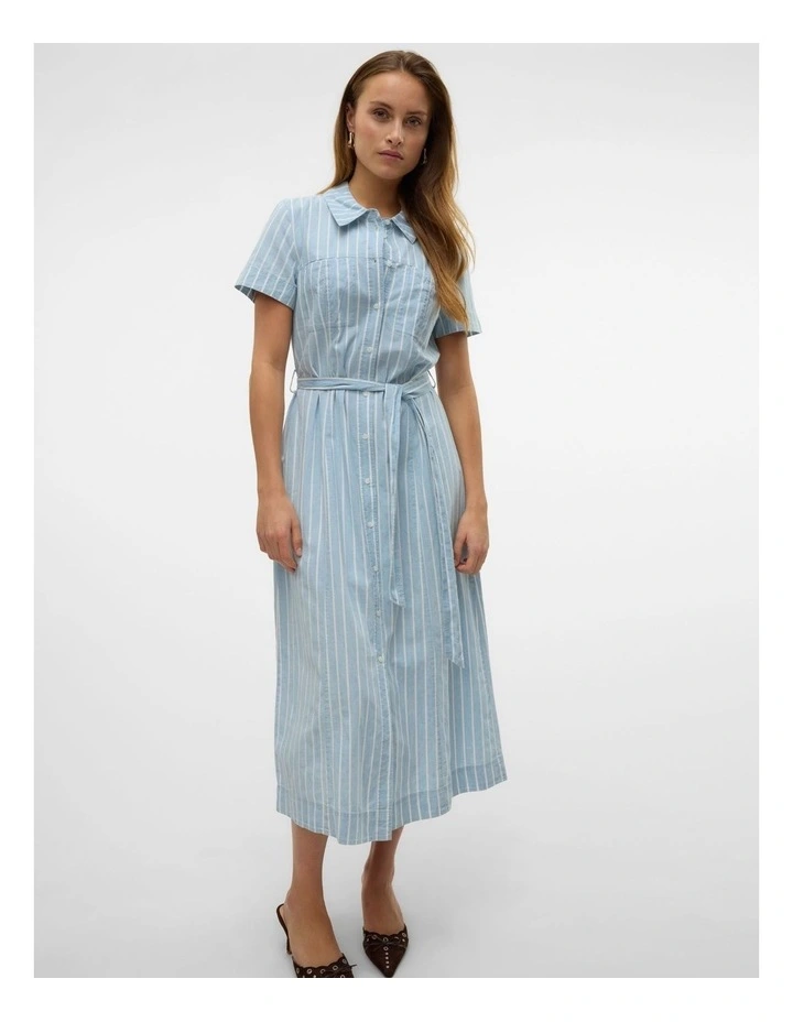 Vio Striped Cotton Shirt Dress in Light Blue image 5