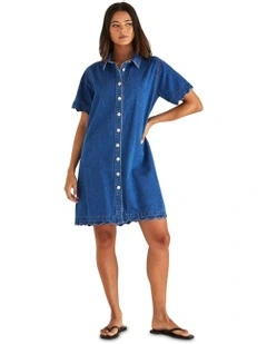 Vale Scalloped Denim Dress in Blue