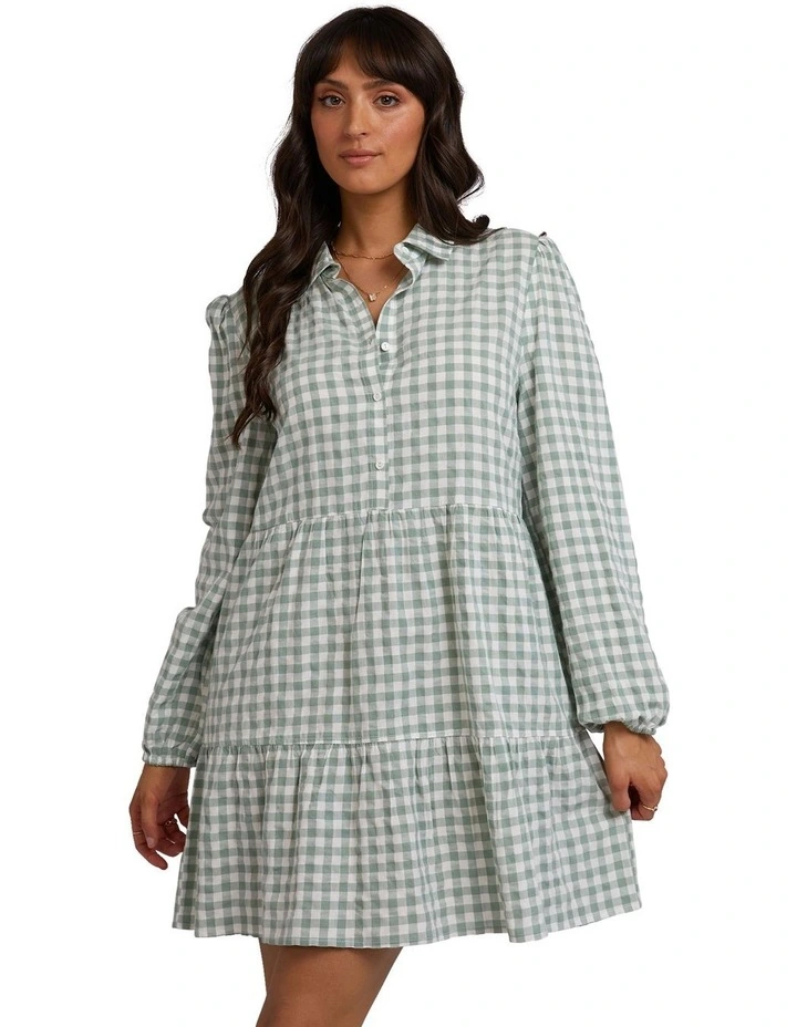 Frankie Check Long Sleeve Mini Dress in Sage image 1