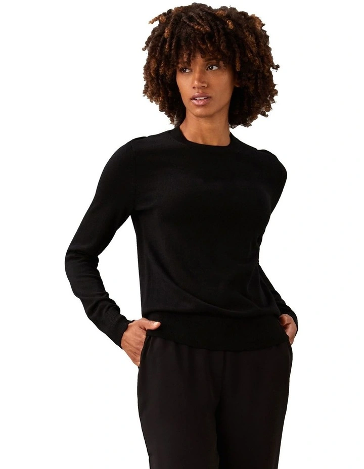 Merino Wool Crew Neck Sweater in Black image 1